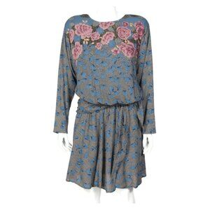 Carole Little Vintage Blue Purple Floral Dress Drop Tie Waist sz 8 /980